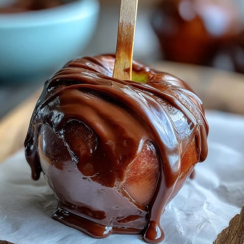 Classic red candy apples with white chocolate drizzle glisten on a parchment-lined tray, their glossy red shells and creamy white chocolate drizzle tempting dessert lovers.