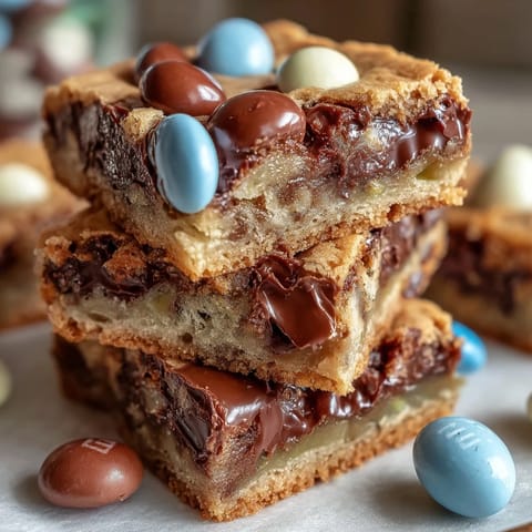 Soft cookie bars loaded with Cadbury mini eggs and colorful M&Ms, baked to golden perfection for a festive treat.  