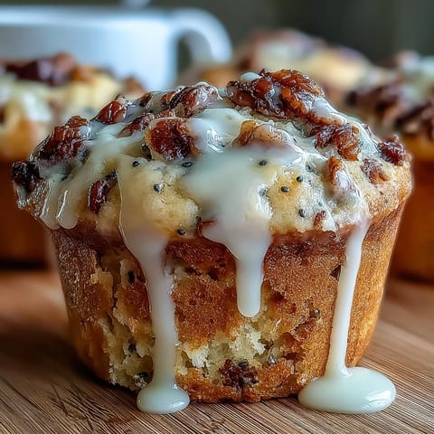 Freshly baked lemon poppy seed muffins with a glossy citrus glaze, perfect for spring brunch or a bright morning treat.