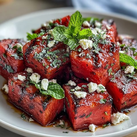 Grilled watermelon salad with feta and mint, featuring juicy charred fruit and creamy cheese on a fresh greens bed.