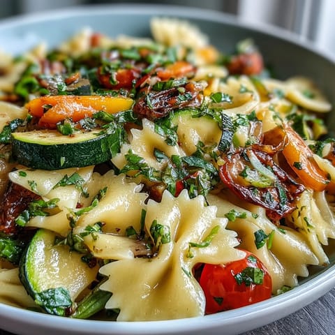 Spring Pasta Primavera with Fresh Veggies in a colorful skillet with vibrant vegetables and herbs.
