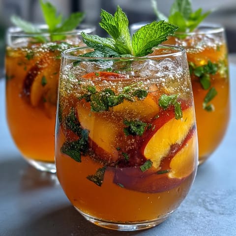 A tall glass filled with sparkling mango peach tea, garnished with fresh mint and peach slices, perfect for a sunny afternoon.