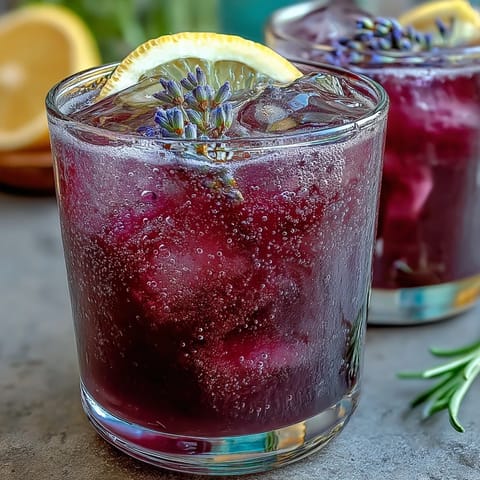 Refreshing purple lavender lemonade refresher with vibrant citrus and floral lavender notes in a tall glass, garnished with fresh lemon slices and lavender sprigs.