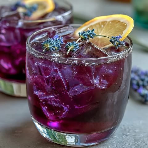 Cool and soothing lavender lemonade refresher featuring a stunning purple hue, served over ice with a twist of lemon and delicate lavender garnish.