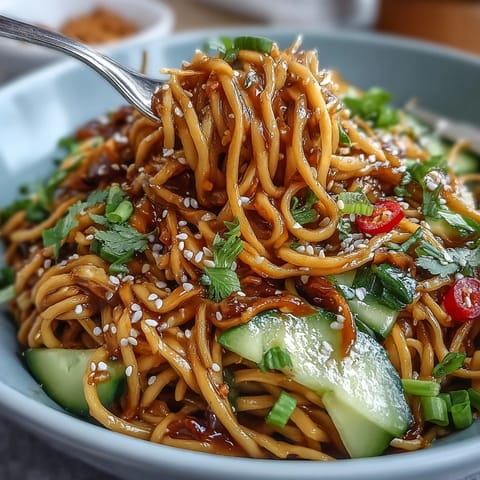 Cold Sesame Noodle Bowl with Cucumber, vibrant and refreshing, topped with crisp vegetables and creamy sesame sauce.  