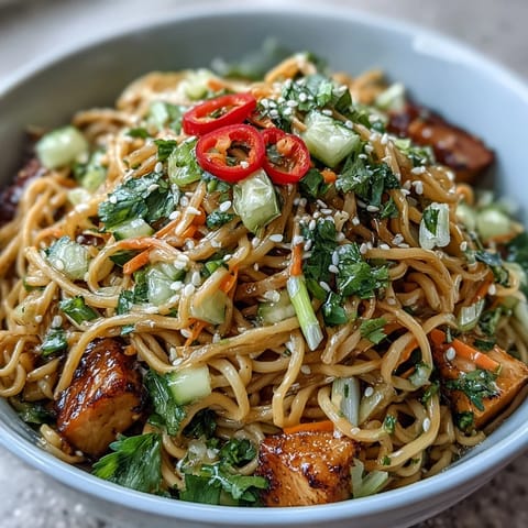 Refreshing Cold Sesame Noodle Bowl with Cucumber, a perfect vegetarian lunch or light dinner with zesty lime and herbs.  