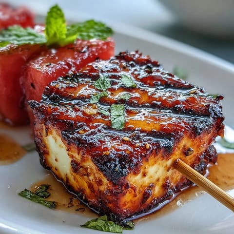 Vibrant halloumi skewers featuring watermelon and mint, perfect summer appetizer.