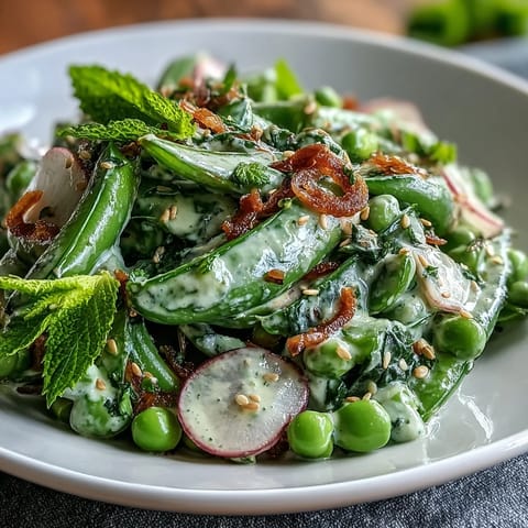 Vibrant Snap Pea and Radish Spring Salad with Tahini, full of crisp greens and creamy dressing.