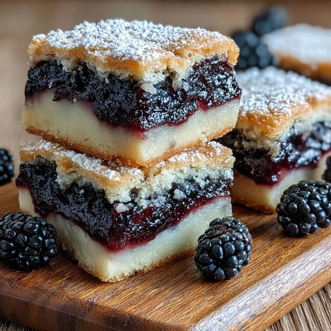 Tangy lemon bars swirled with blackberry, on a golden, crumbly shortbread.
