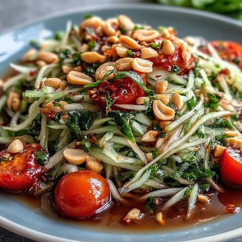 Som Tam featuring crisp papaya, juicy tomatoes, and crunchy peanuts.