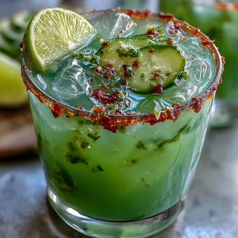 Viral Pickle Margarita Mocktail shines brightly with spicy jalapeño rim.