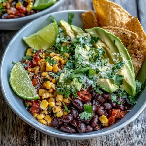 Vibrant plant-based taco bowl overflowing with black beans, fresh veggies, and salsa.
