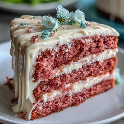A stunning pink Rosé Velvet Cake, perfect for celebrations, elegantly drizzled.
