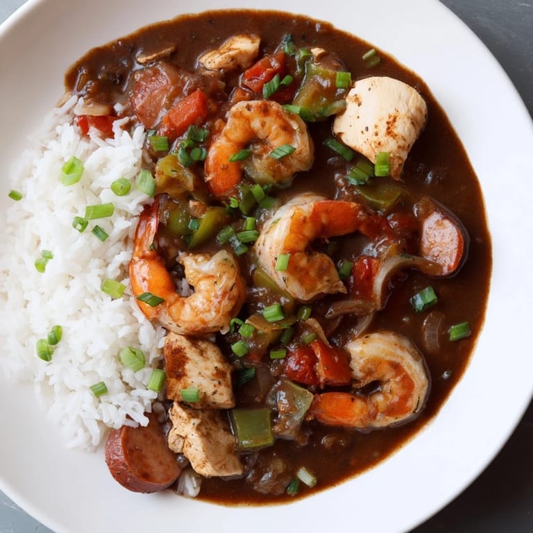 The rich, dark roux coats the flavorful gumbo, brimming with tender chicken and vegetables.