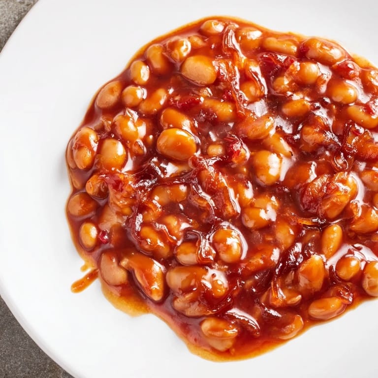 Hearty Baked Beans, bubbling in a Dutch oven with a savory aroma, perfect for a side.