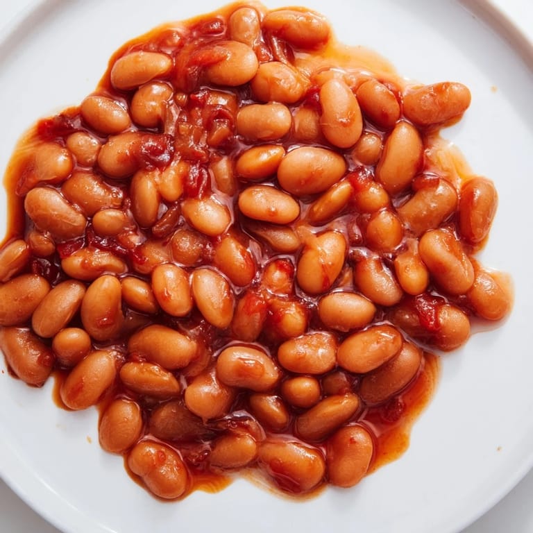 Close-up of tender, flavorful Baked Beans, beautifully glistening with a thick, glossy sauce.