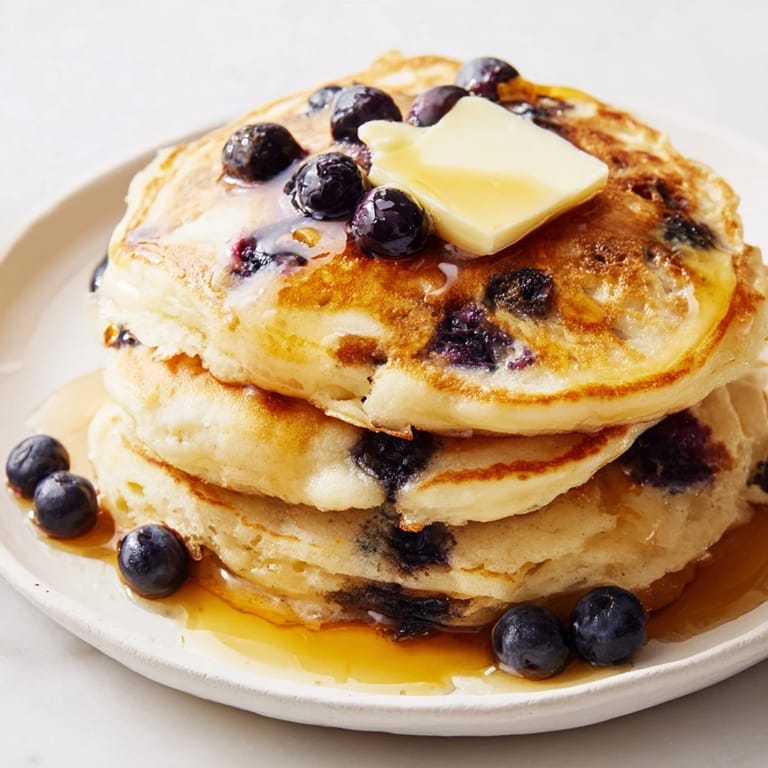 Fresh blueberries dot the surface of perfectly cooked American-style pancakes, a delicious breakfast.