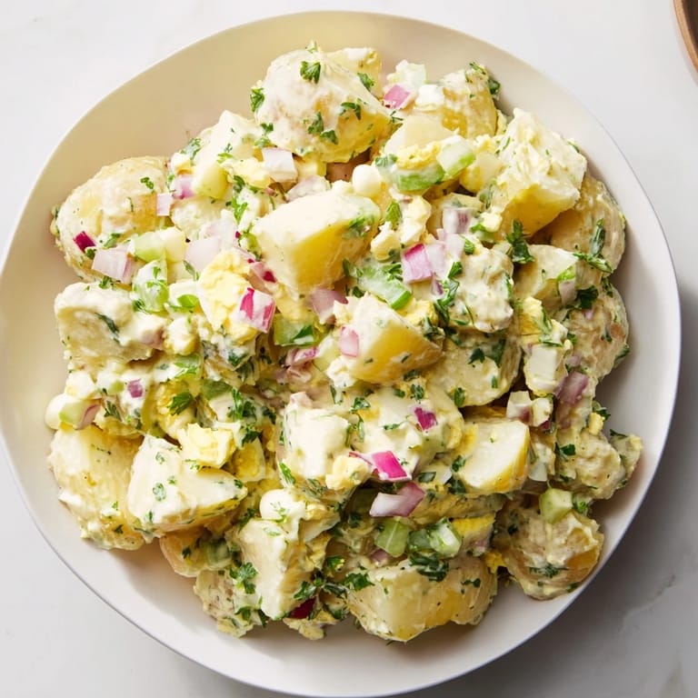 Classic American potato salad, chilled and vibrant with chopped red onion and celery.