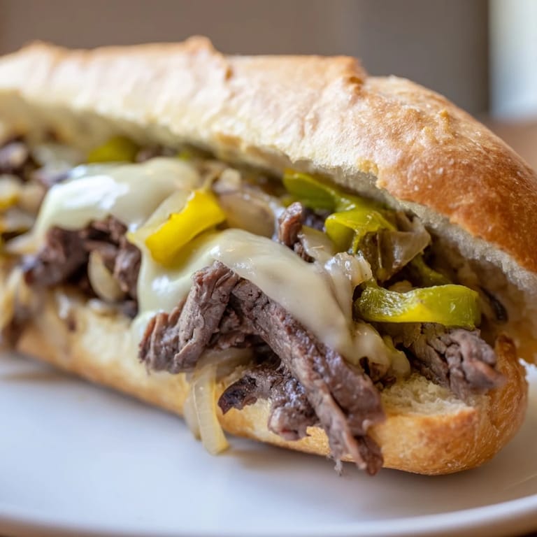 Golden-brown hoagie roll filled with a classic American Philly cheesesteak, a satisfying dinner option.