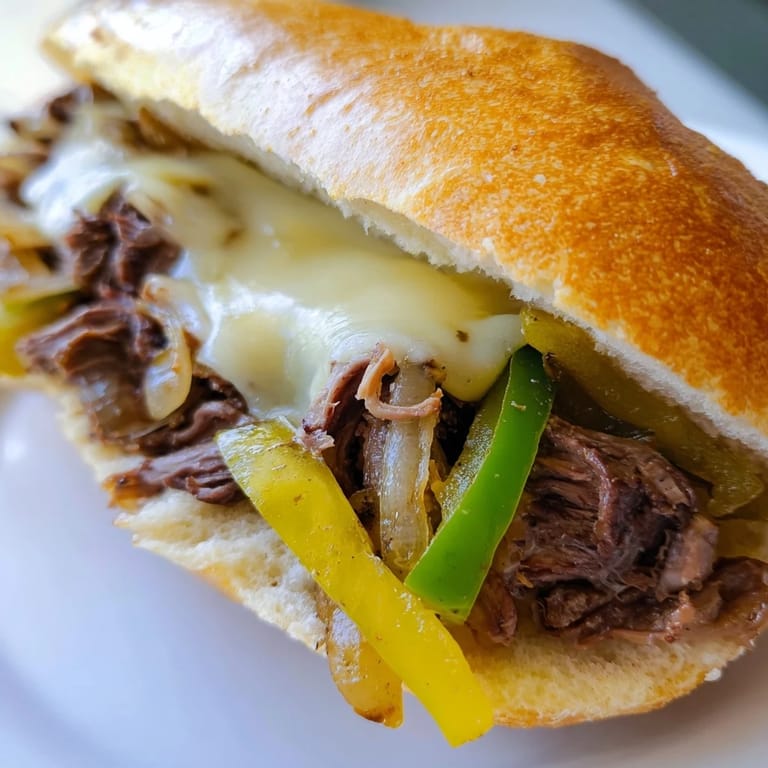A mouthwatering Philly cheesesteak, overflowing with tender beef, onions, and gooey melted provolone.
