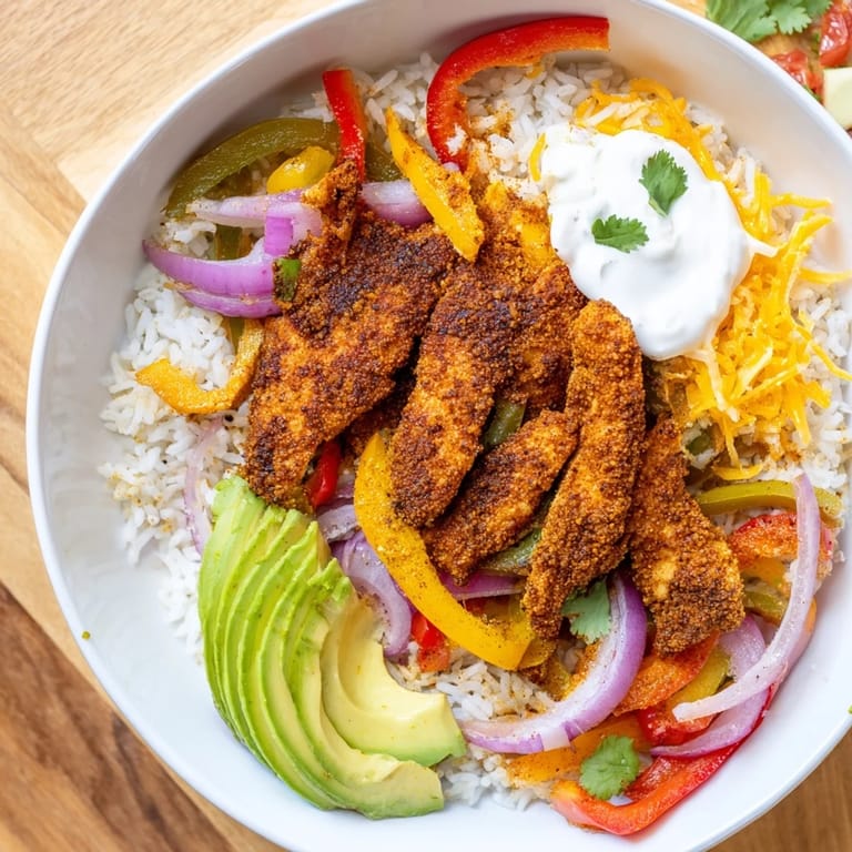 A steaming Chicken Fajita Bowl is shown, featuring perfectly seasoned chicken over fluffy rice with salsa.
