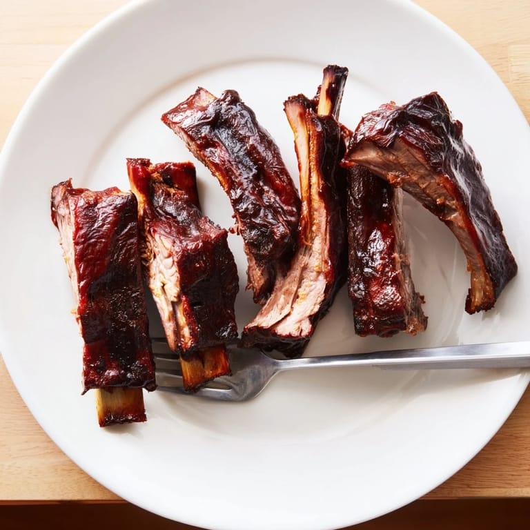 Close-up of mouthwatering BBQ ribs, showcasing the tender meat and rich, caramelized sauce.