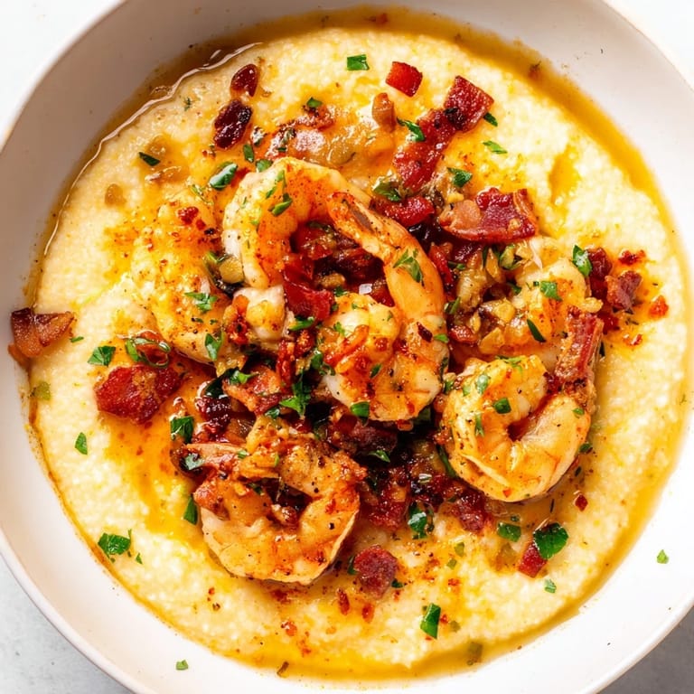 Golden sautéed shrimp atop creamy grits, a delightful serving of classic shrimp and grits.