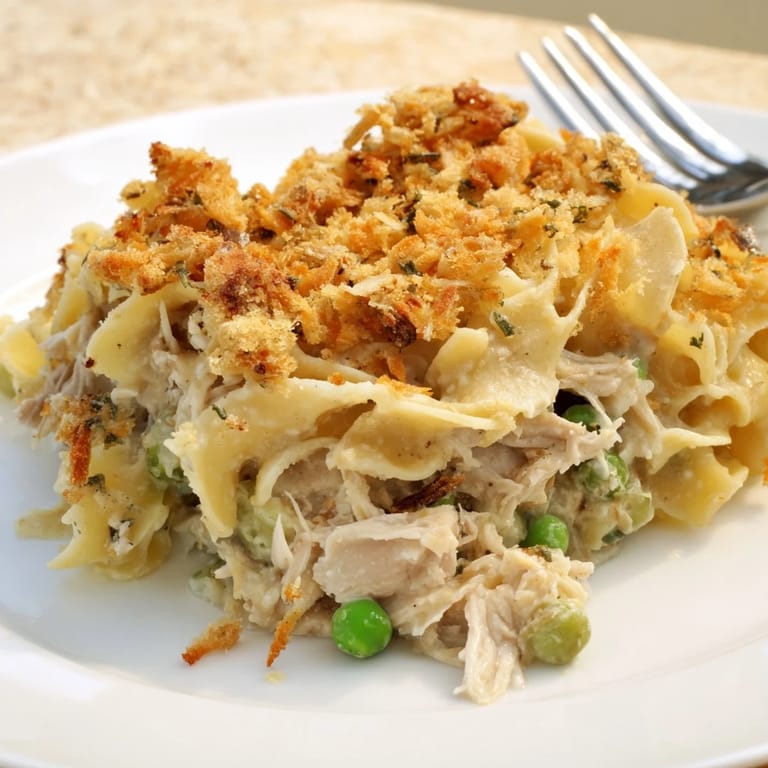 A close-up shot of creamy Tuna Casserole, served hot, featuring tender noodles and flaky tuna under breadcrumbs.