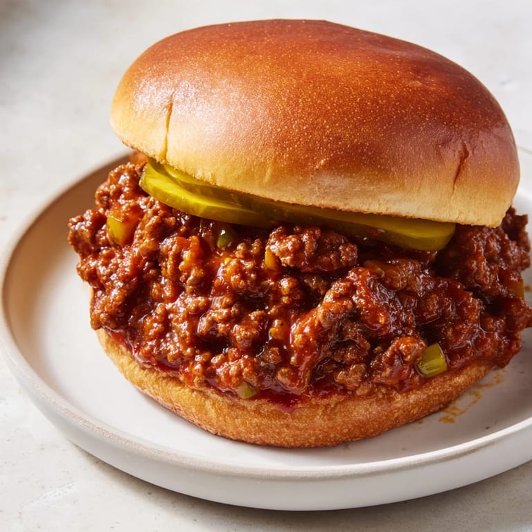 A close-up of a plate with a delicious Sloppy Joe, ready to be devoured with its messy, flavorful filling.