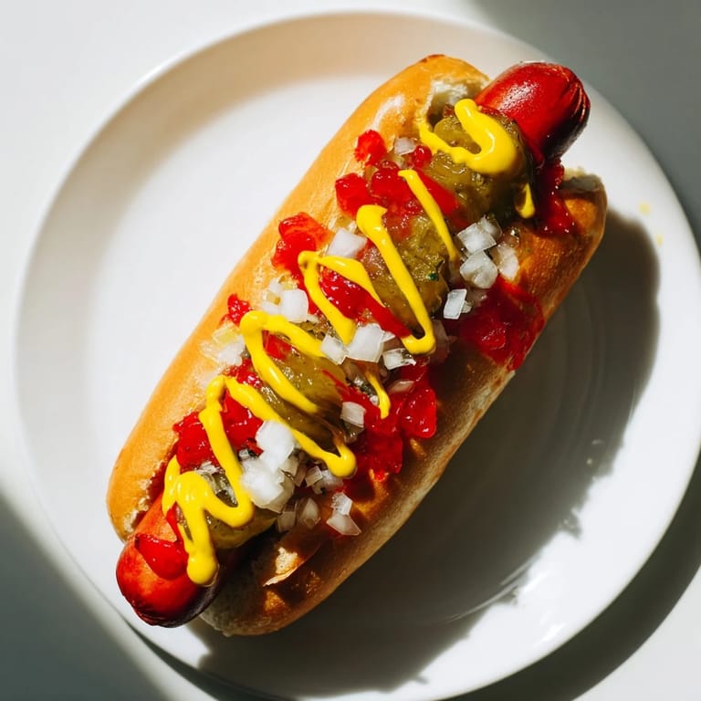 Freshly grilled hot dogs, ready to eat, are surrounded by colorful toppings on a wooden serving board.