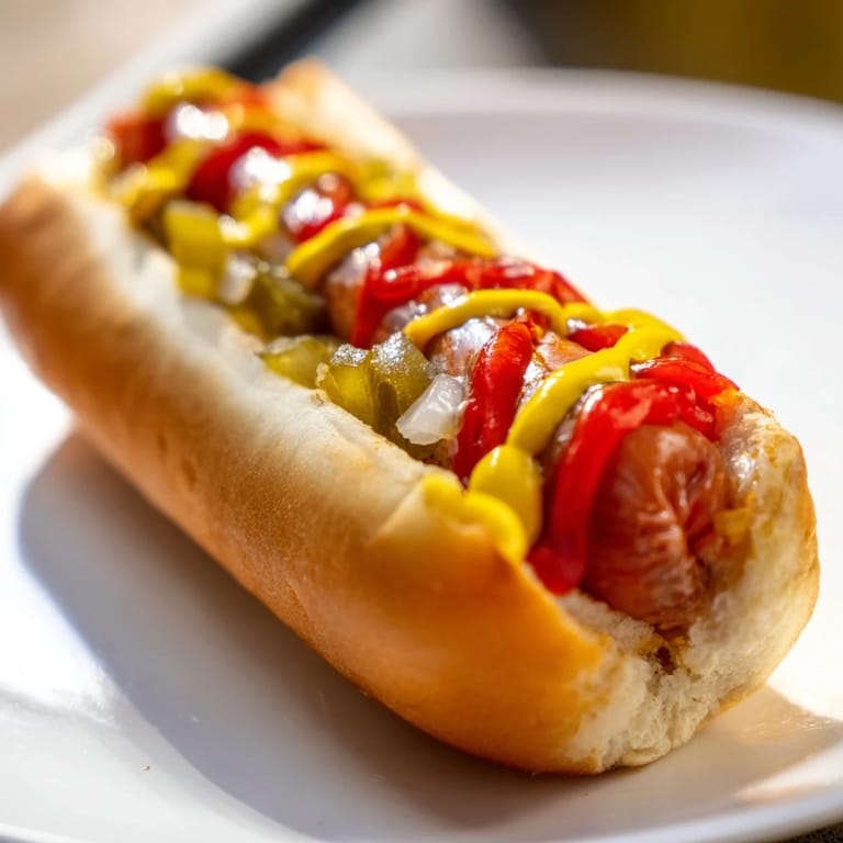 A close-up shot of delicious hot dogs, dripping with mustard and relish, perfect for a summer cookout.