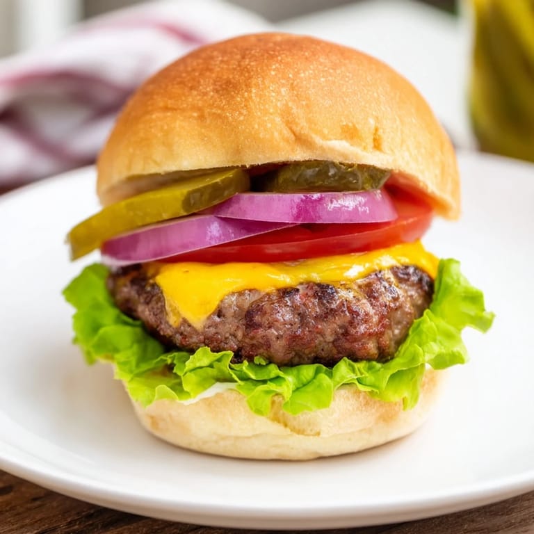 Homemade hamburgers stacked high with toppings like red onion and tomato, a classic American meal.
