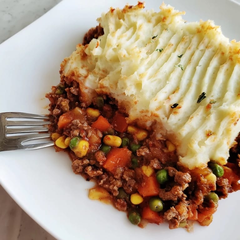 Golden crust covers a bubbling meat and vegetable mixture; a classic Shepherd's Pie recipe.