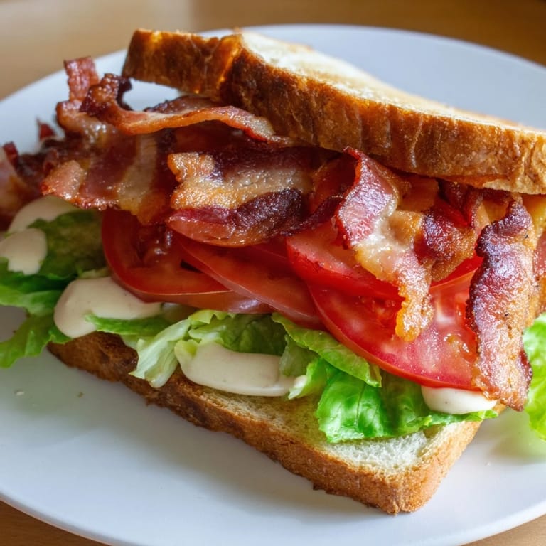 Imagine the satisfying crunch! A close-up view of a classic BLT Sandwich, ready to eat.