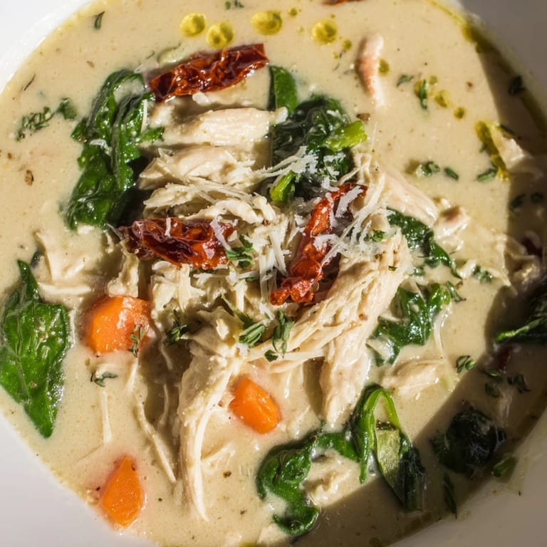 Hearty Tuscan chicken soup with tender shredded chicken, wilted spinach, and sun-dried tomatoes in a rich cream broth.