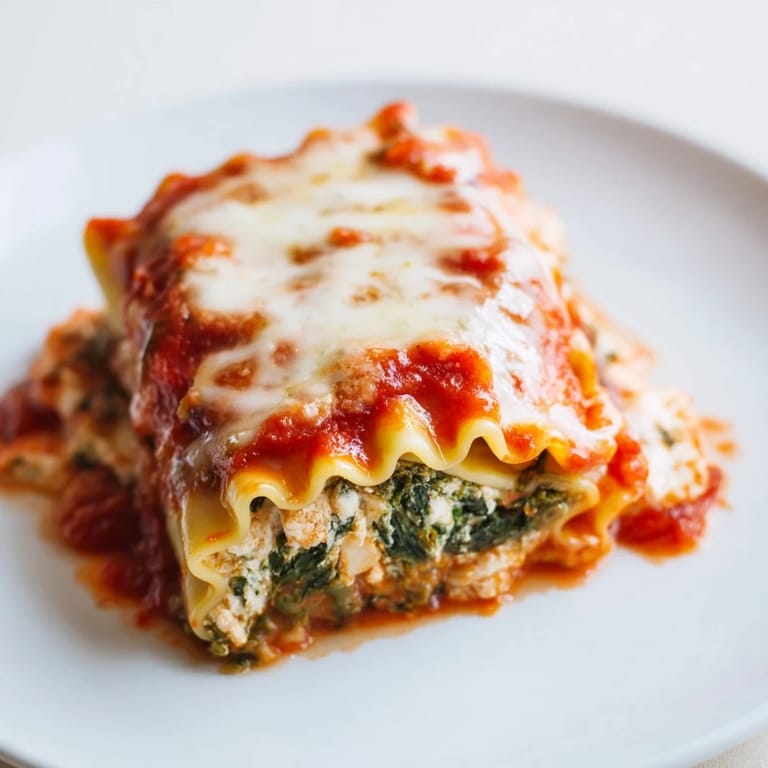 Chicken and Spinach Lasagna Rolls sit on a rustic wooden table with a side salad and garlic bread for a complete meal.  