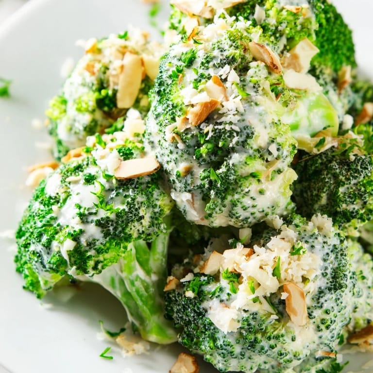 Cool, crisp broccoli salad with creamy Parmesan dressing, toasted almonds, and cherry tomatoes served in a white bowl.