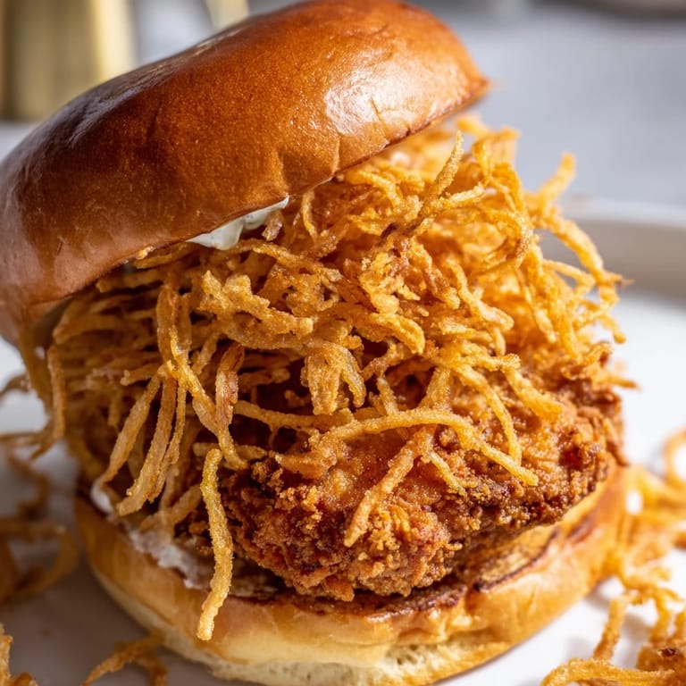 Close-up of a homemade Crispy Onion Chicken Sandwich with golden fried chicken and onions spilling out of a toasted bun.