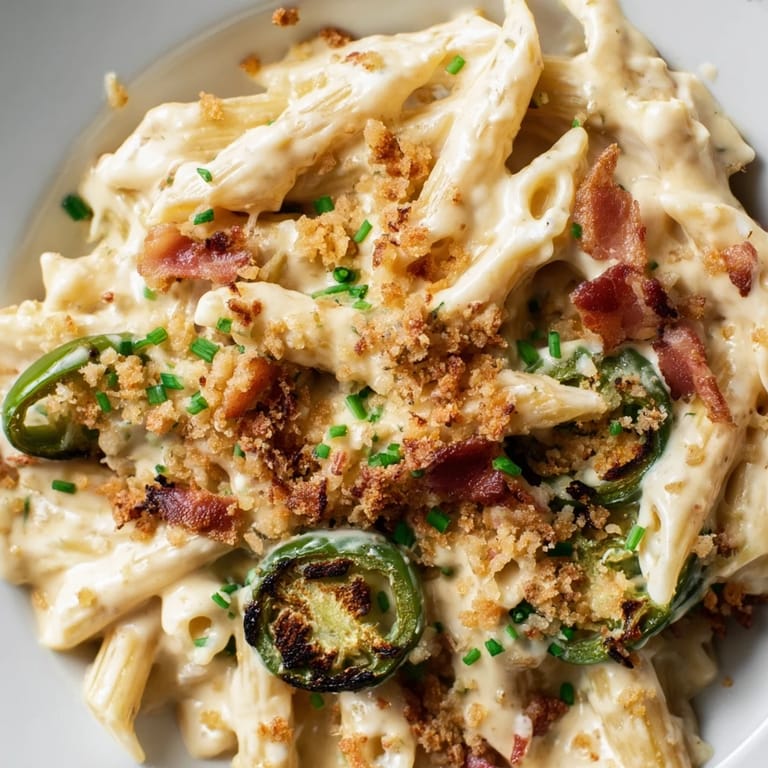 Steaming bowl of Jalapeño Popper Pasta featuring penne coated in a creamy cheese sauce with bacon and jalapeños.