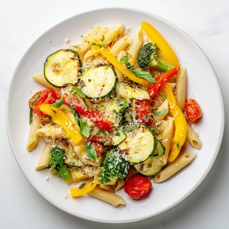 Fork-tender Pasta Primavera with al dente penne, fresh basil, and melted Parmesan cheese garnish.