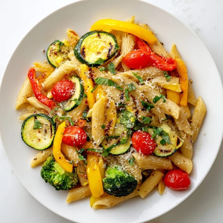 Serving suggestion for Pasta Primavera with seasonal vegetables, garlic, and a bright squeeze of lemon.
