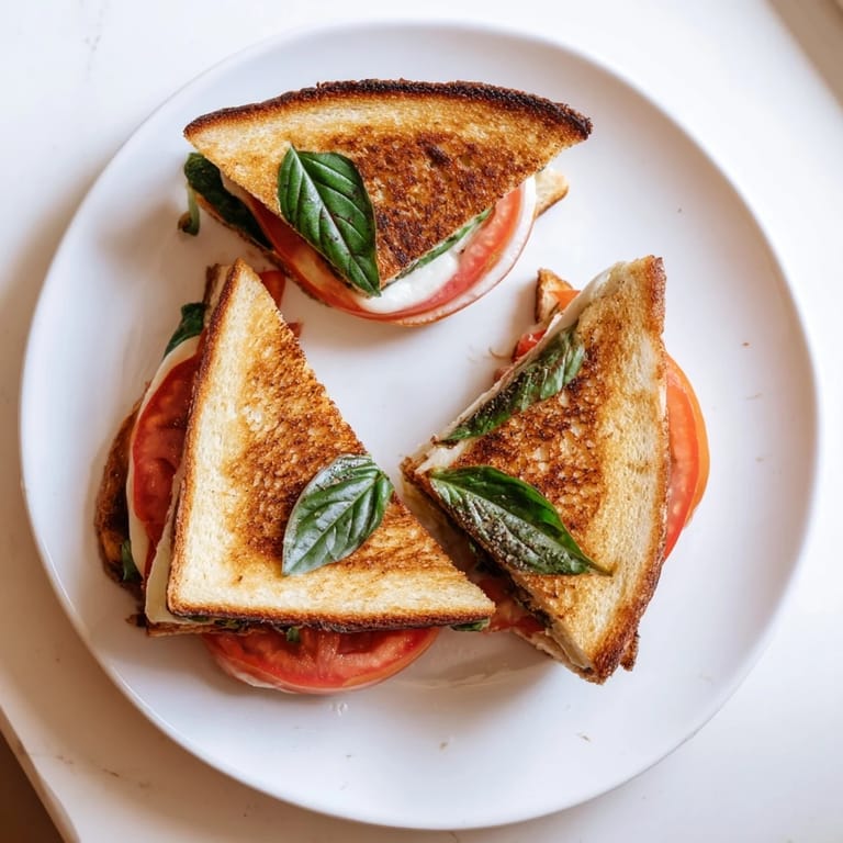 A close-up view of a crispy, golden-brown Tomato Basil Grilled Cheese sandwich served hot on a rustic plate with fresh basil garnish.