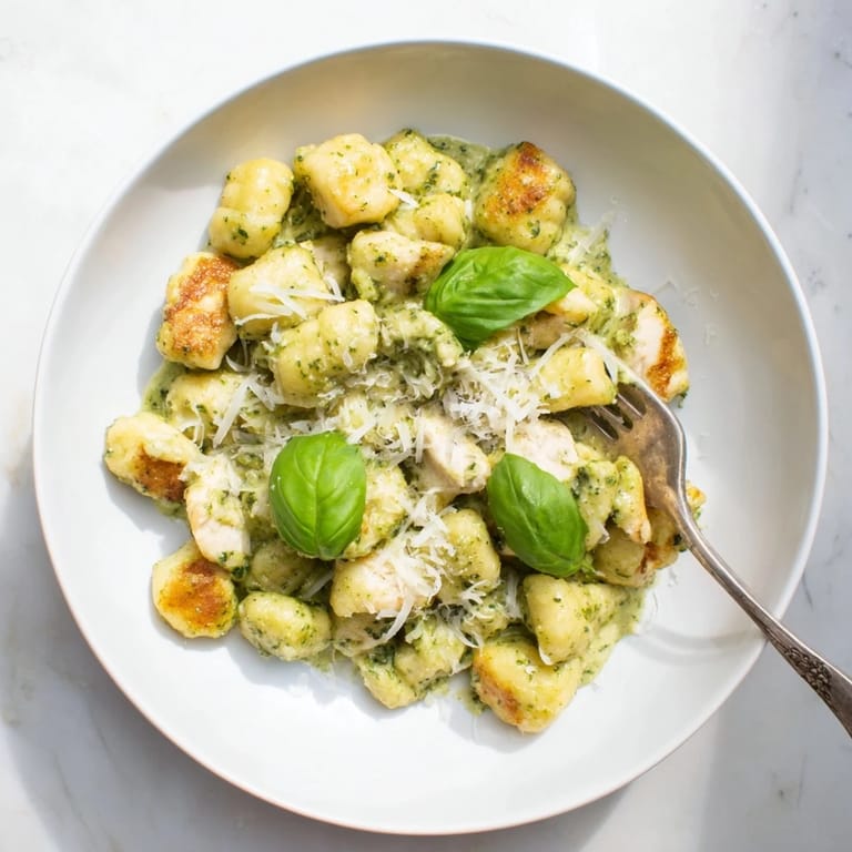 Creamy Pesto Gnocchi with Chicken ready to serve, featuring golden dumplings and succulent meat in an aromatic, cheesy sauce perfect for family dinners.