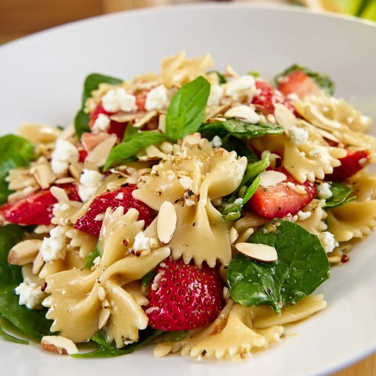 A vibrant serving of Spring Spinach Strawberry Pasta Salad, featuring juicy strawberries and crumbled feta cheese atop a bed of greens and pasta.