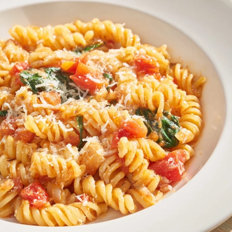 Hearty and comforting, the Tomato Spinach One-Pot Rotini is served hot as a main dish, garnished with extra Parmesan and ready for a weeknight family dinner.