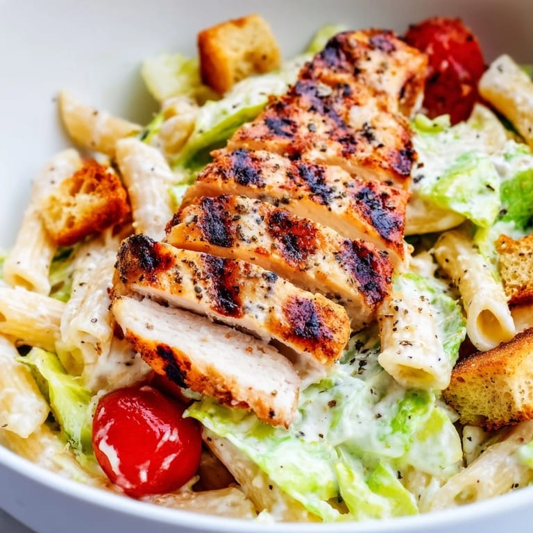 A vibrant Caesar Pasta Chicken Bowl features cherry tomatoes, creamy dressing, and golden grilled chicken strips over a bed of hearty pasta and lettuce.