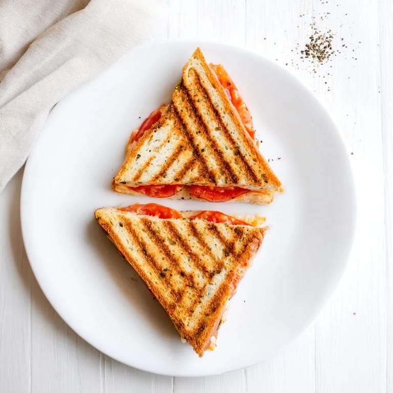 Close-up of a Pepper Jack & Tomato Grilled Cheese cut in half, showing juicy tomato and spicy melted cheese.  