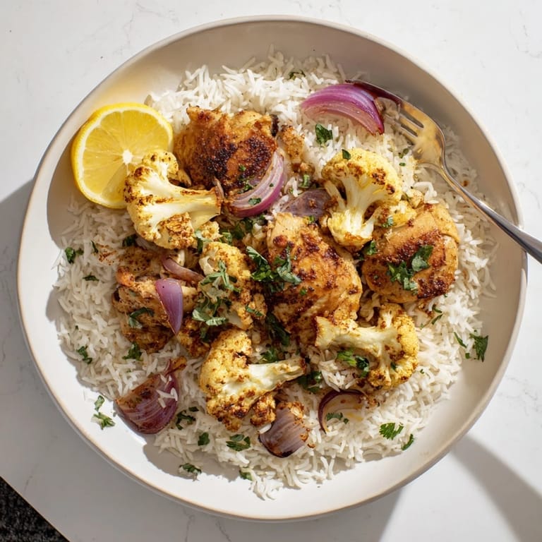 The Roasted Cauliflower Chicken Sheet Pan served over fluffy basmati rice for an easy weeknight dinner.