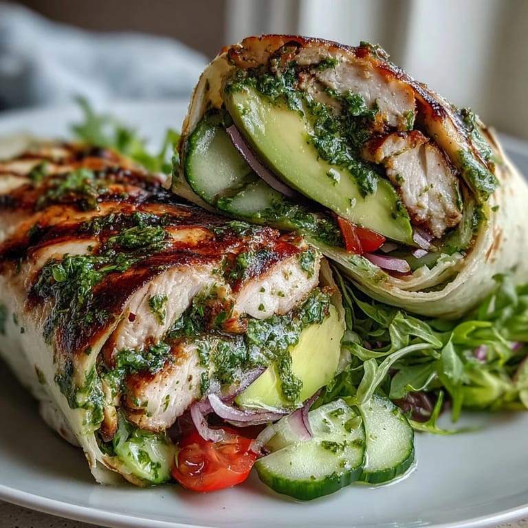 A vibrant Chimichurri Chicken Salad Wrap cut diagonally, showcasing the herbaceous chicken, crunchy cucumbers, and ripe avocado tucked inside.