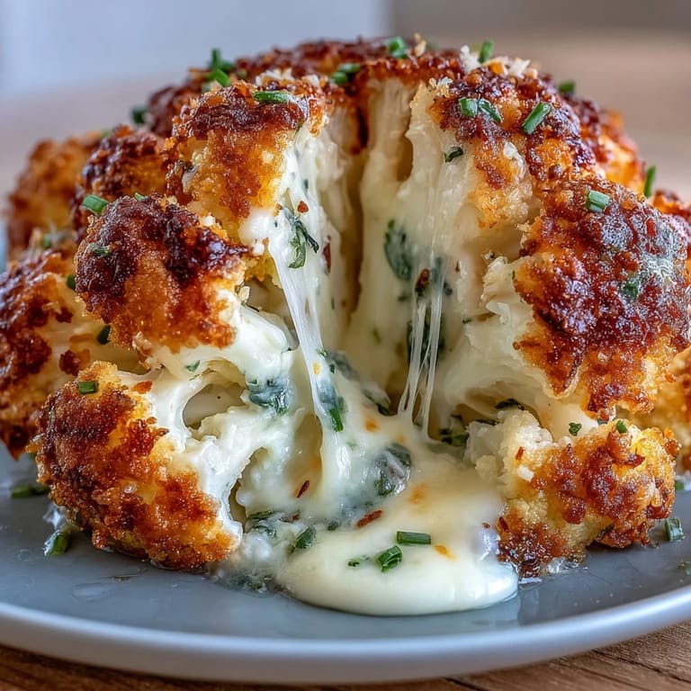 The creamy center oozes between tender florets on a rustic baking tray for a comforting dinner.